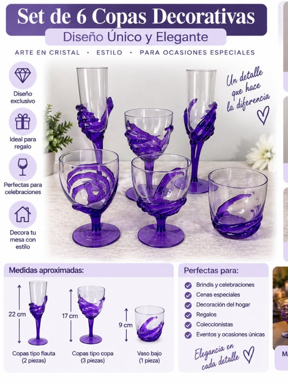 Set de 6 Copas y Vasos Decorativos Morados – Diseño Elegante y Original